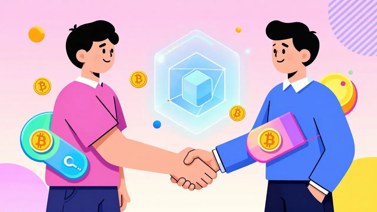 Deux personnes échangent des paiements via un canal lumineux en forme de formes géométriques vives.