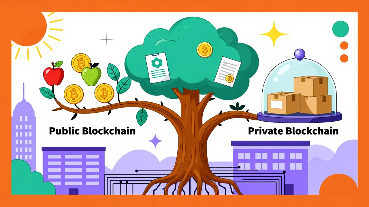 Écosystème hybride en style Memphis : blockchain publique et privée comme deux branches d'un arbre.