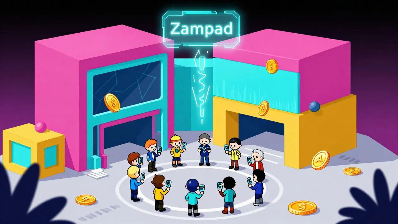 HQ virtuelle dans The Sandbox avec des avatars et des stablecoins flottants, style Memphis.