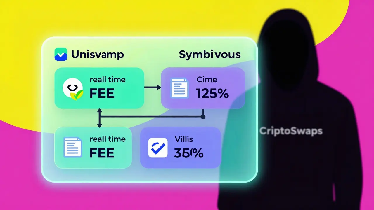 Interface claire de swap vérifiée contre une silhouette floue de CriptoSwaps en arrière-plan.