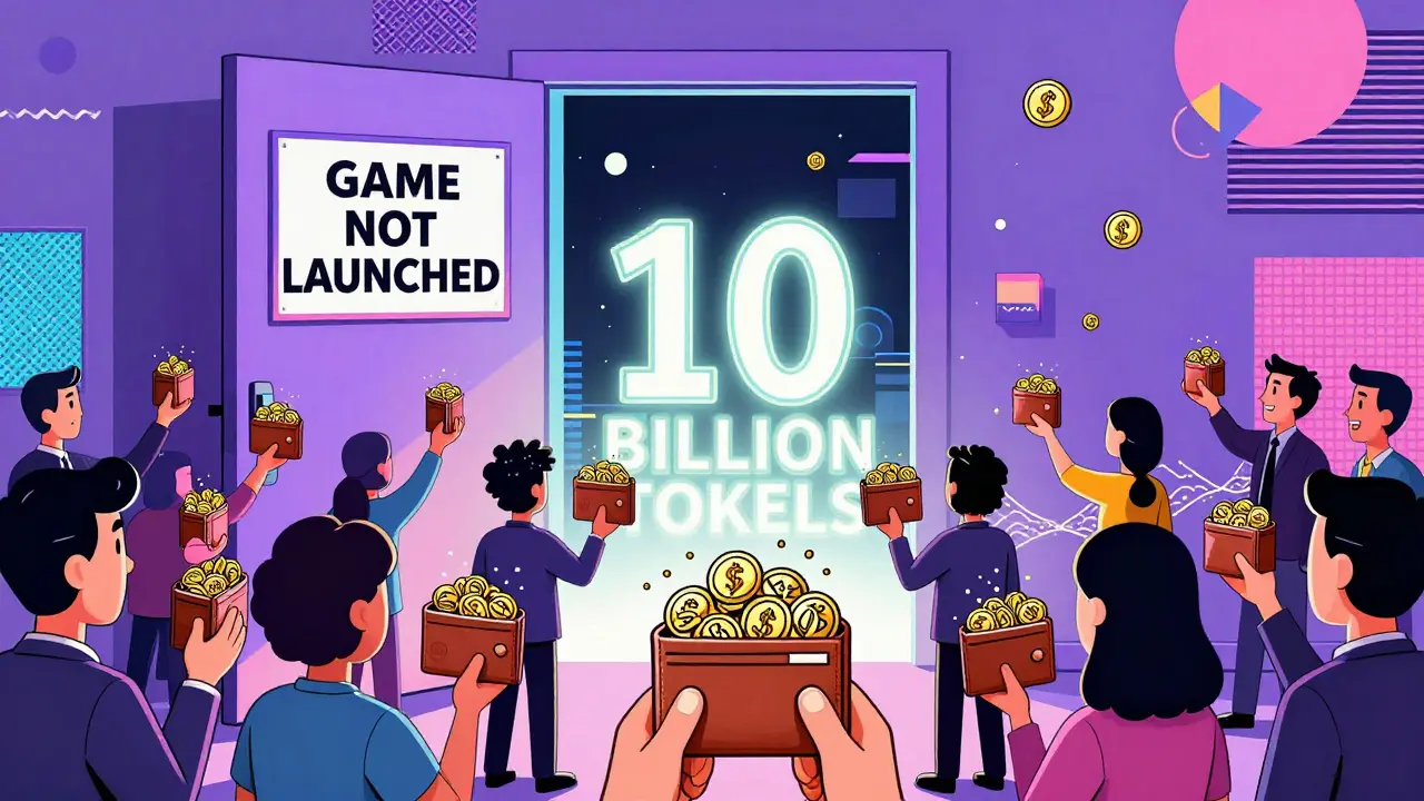 Investisseurs tenant des jetons minuscules devant une porte fermée marquée 'Jeu non lancé'.