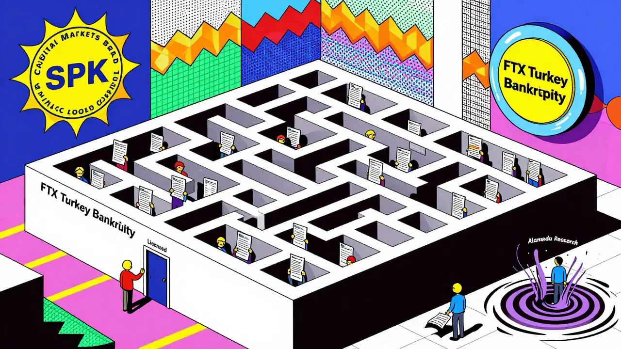 Labyrinthe avec des personnes piégées, une porte 'Licenciée' brille au loin.