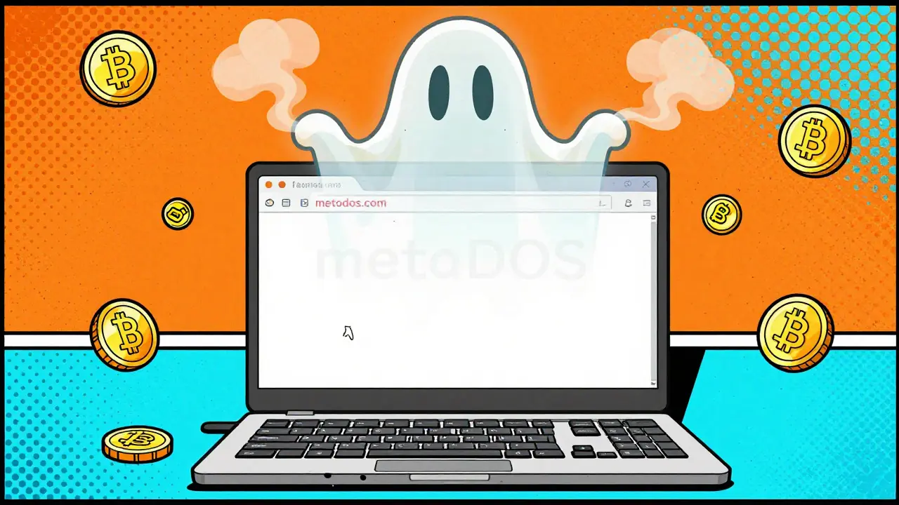 Logo fantôme de MetaDOS au-dessus d'un écran d'ordinateur vide avec des jetons sans valeur.
