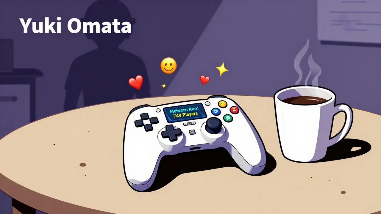 Manette de jeu abandonnée avec un écran affichant seulement 749 joueurs, dans un style graphique vif et désordonné.