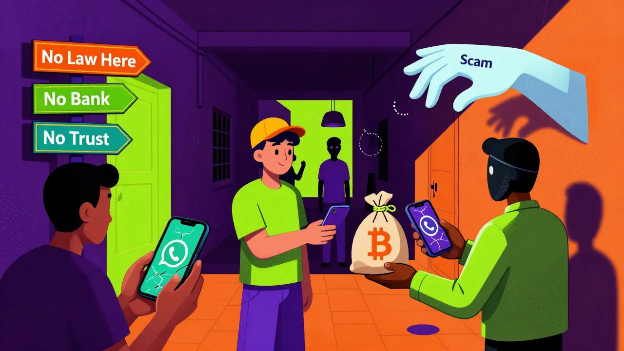 Marché crypto souterrain en Syrie avec des échanges risqués via WhatsApp et une main fantôme de fraude.