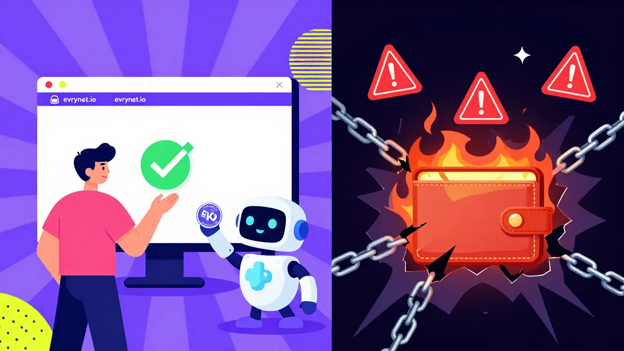Scène comparant le site officiel EvryNet (sécurisé) à une arnaque (détruite), en style Memphis vibrante.