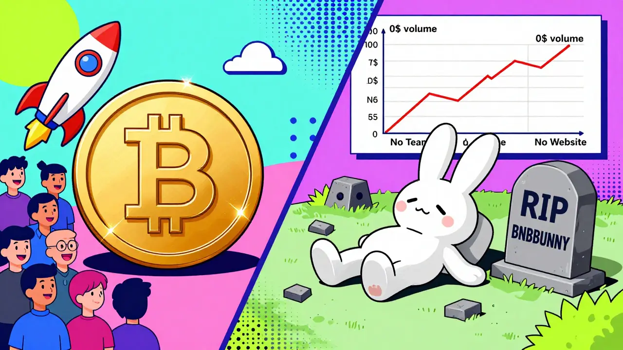 Scène divisée : BNB avec une fusée à gauche, le lapin BNBBUNNY mort dans un cimetière crypto à droite.