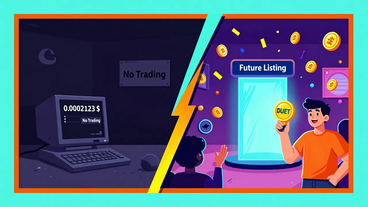 Scène divisée : d'un côté une pièce vide avec un prix bas, de l'autre une fête de jetons crypto.