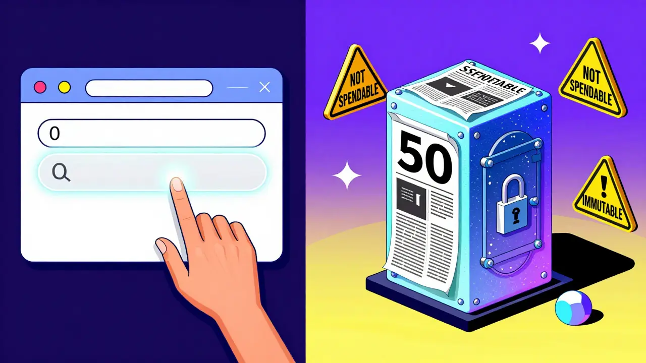 Scène divisée : utilisateur cherchant le bloc génèse et le bloc lui-même avec un coffre verrouillé et des avertissements.
