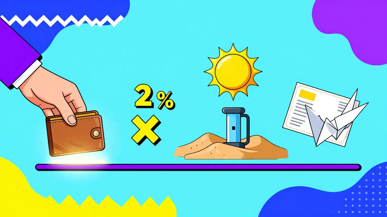 Timeline illustrée : portefeuille crypto déclenchant des récompenses en eau, multiplication et terrain virtuel, style Memphis.