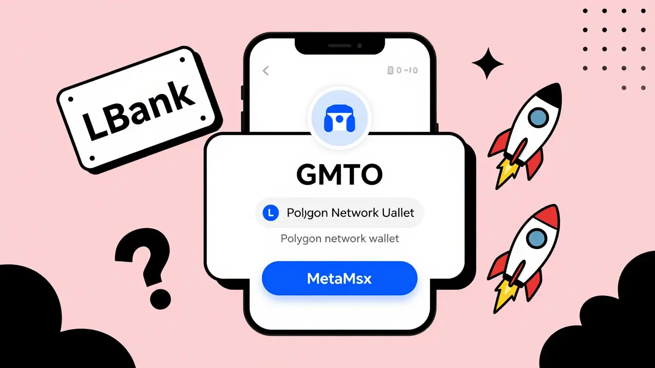 Transfert de jetons GMTO de LBank vers un portefeuille Polygon, avec des icônes de risque et de staking.
