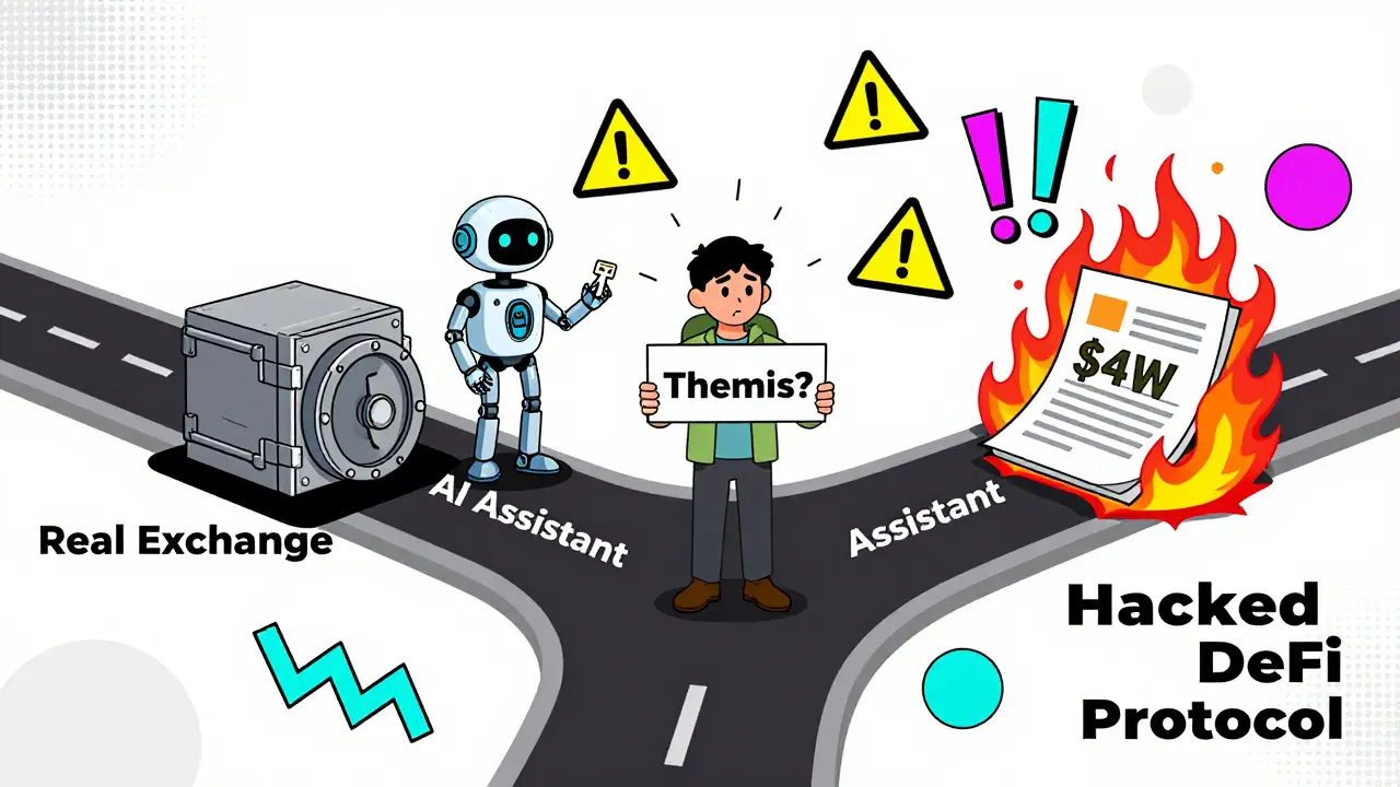 Trois chemins à une croisée : un échange sûr, un assistant IA et un protocole piraté, avec un voyageur perdu au centre.