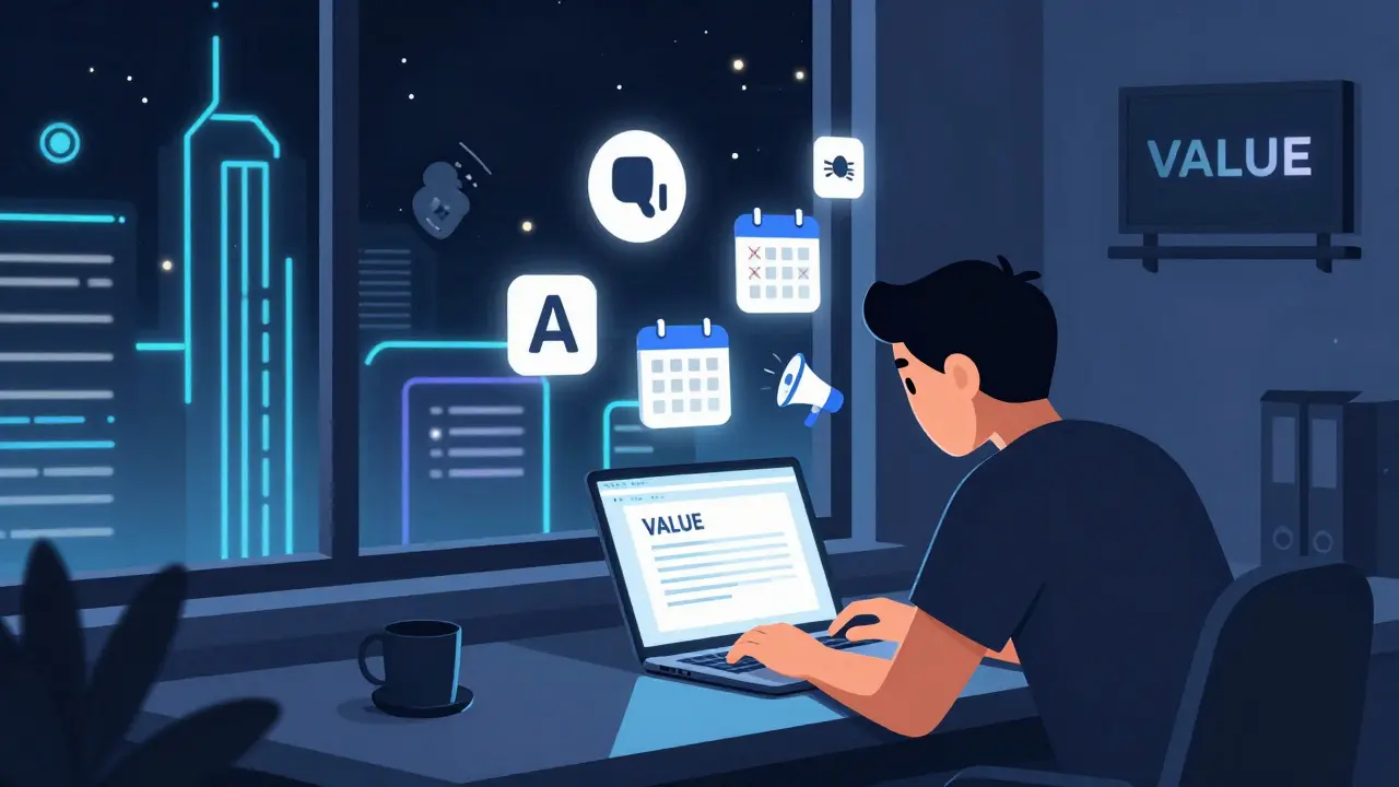 Un développeur seul devant un écran GitHub, entouré de symboles de silence, tandis que la ville crypto brille au loin.