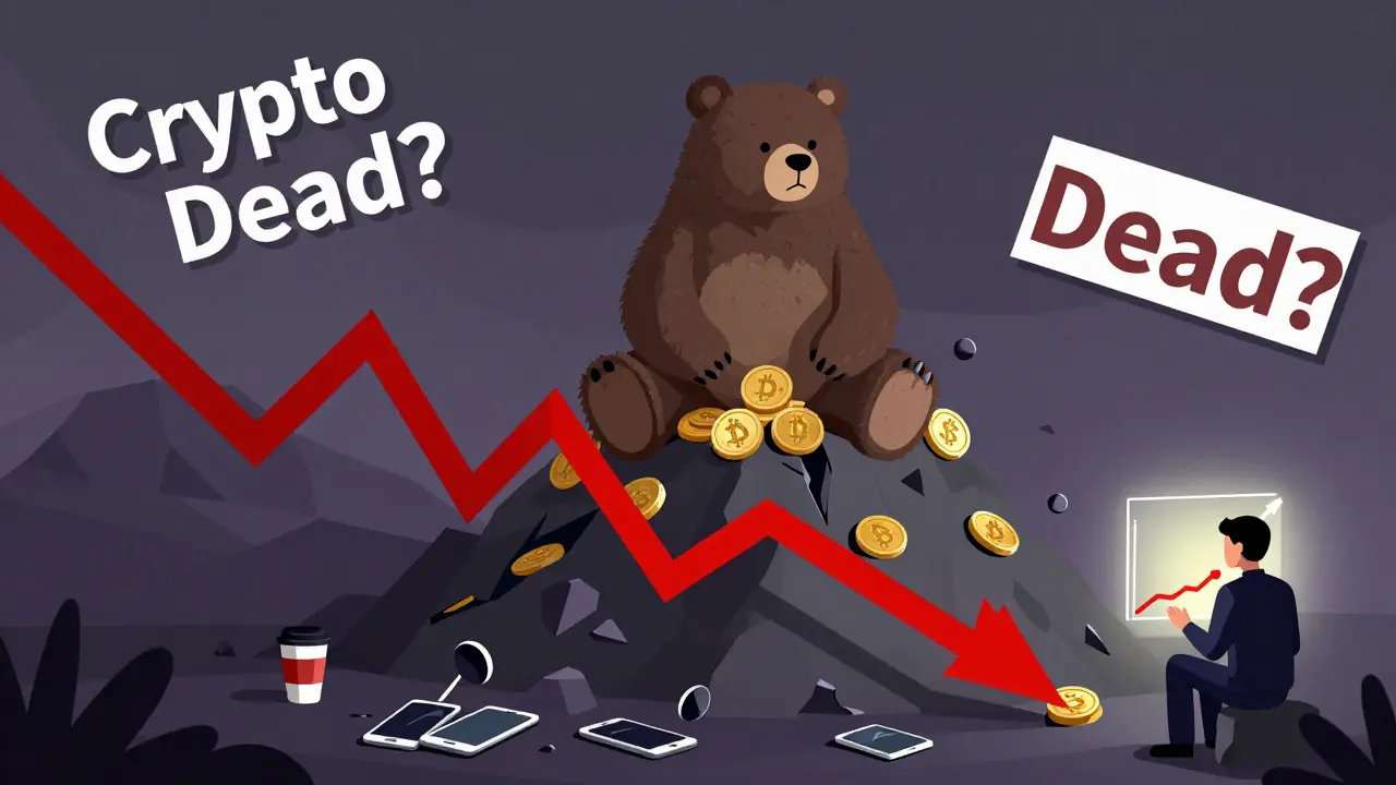 Un ours sombre assis sur un monticule de cryptos tombées, un investisseur achète discrètement en bas.