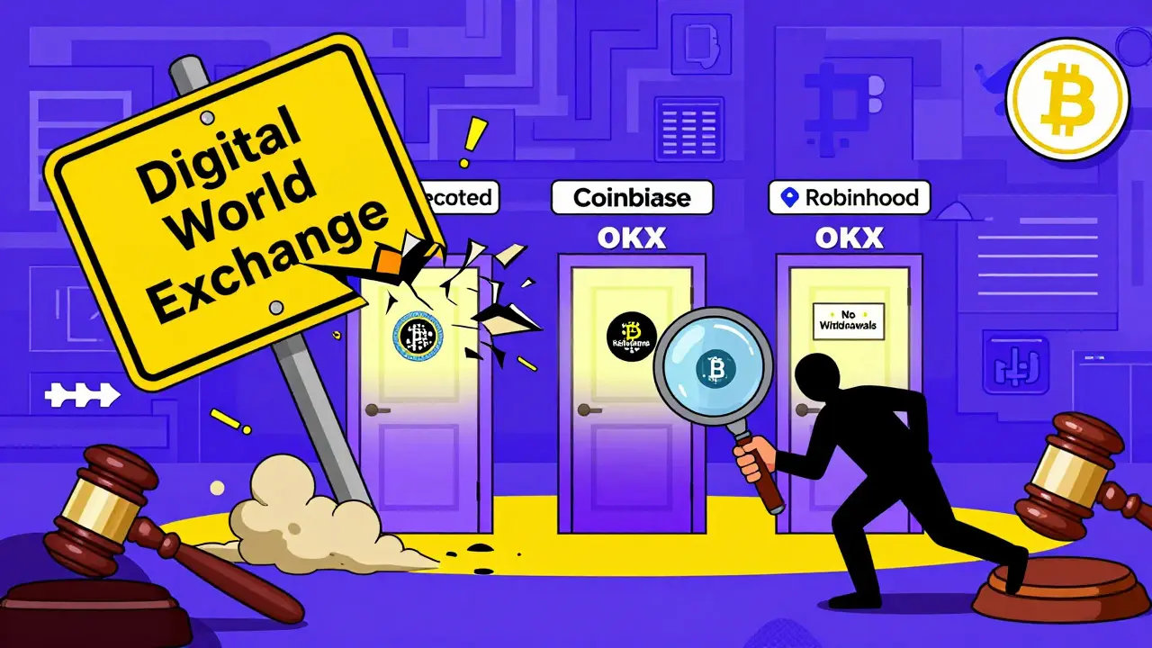 Un panneau &#039;Digital World Exchange&#039; qui s&#039;effondre tandis que trois portes sécurisées brillent, avec des badges de preuve de réserves visibles.