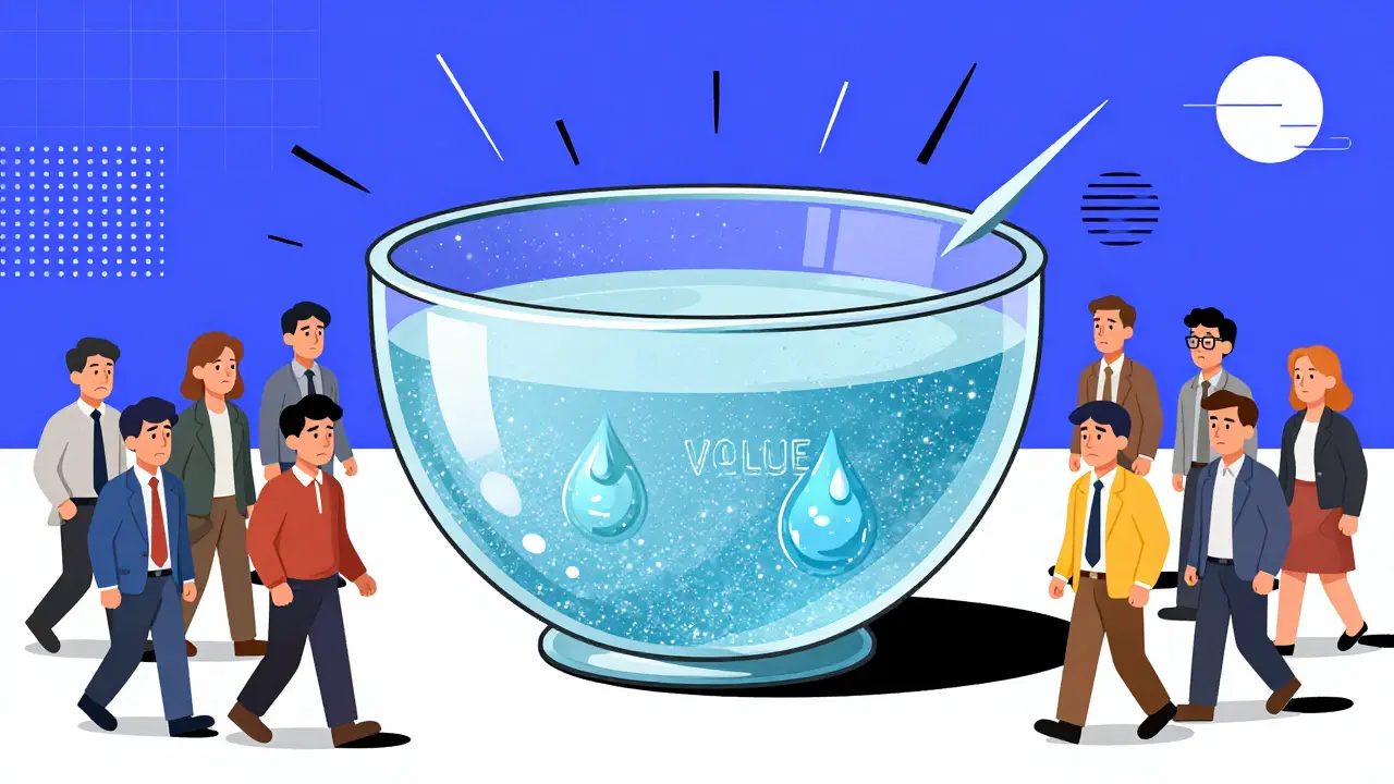 Un pool de liquidité presque vide avec seulement deux gouttes, ignoré par des investisseurs indifférents.