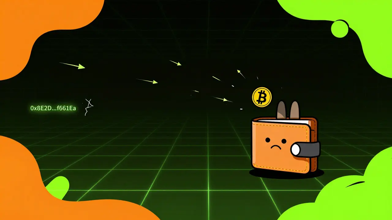 Un portefeuille triste tenant un token BNBBUNNY dans un vide numérique, avec des flèches de transaction qui disparaissent.