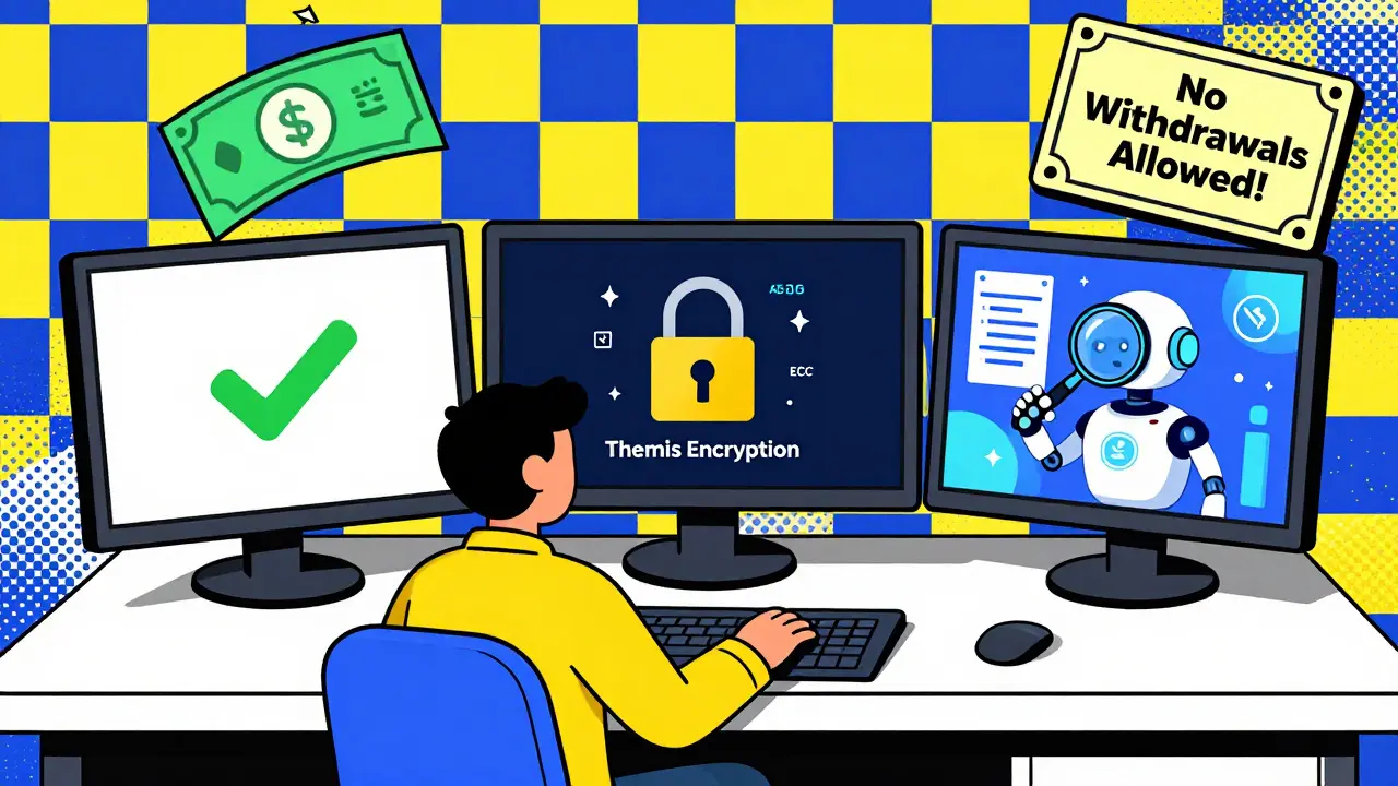 Un trader avec trois écrans montrant Binance, un cadenas de sécurité et un robot IA, fond checkerboard.