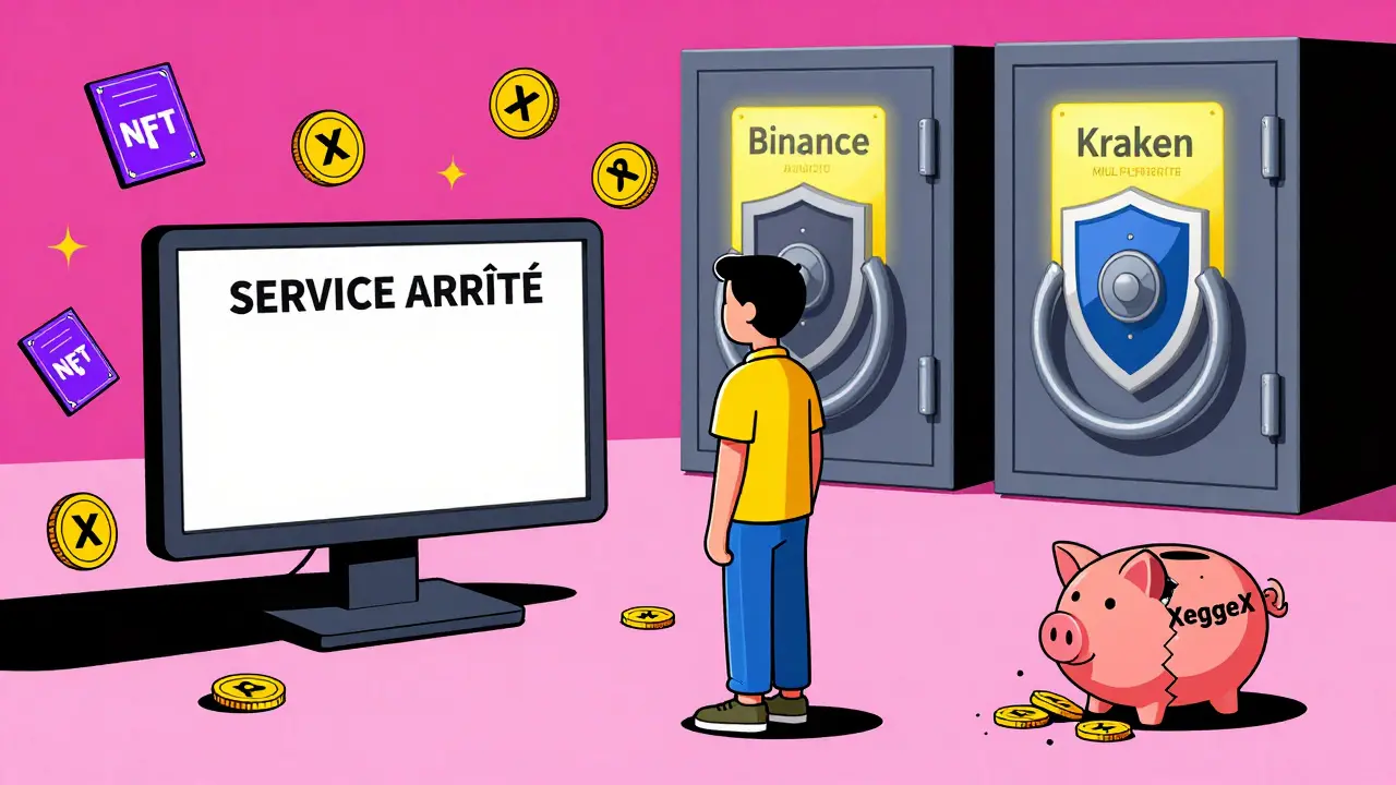 Un trader face à un écran vide, entouré de tokens inutiles, tandis que des échanges sûrs brillent au loin.