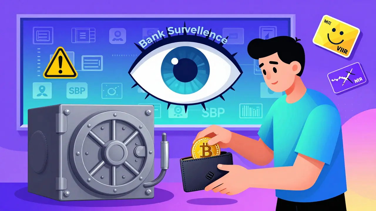 Un utilisateur transfère ses crypto vers un portefeuille personnel, surveillé par un œil de banque géant avec des icônes de surveillance.