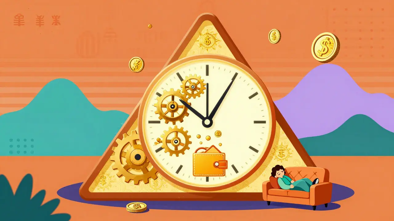 Une horloge géométrique libère des pièces d&#039;or dans un portefeuille numérique, symbole de revenus passifs.