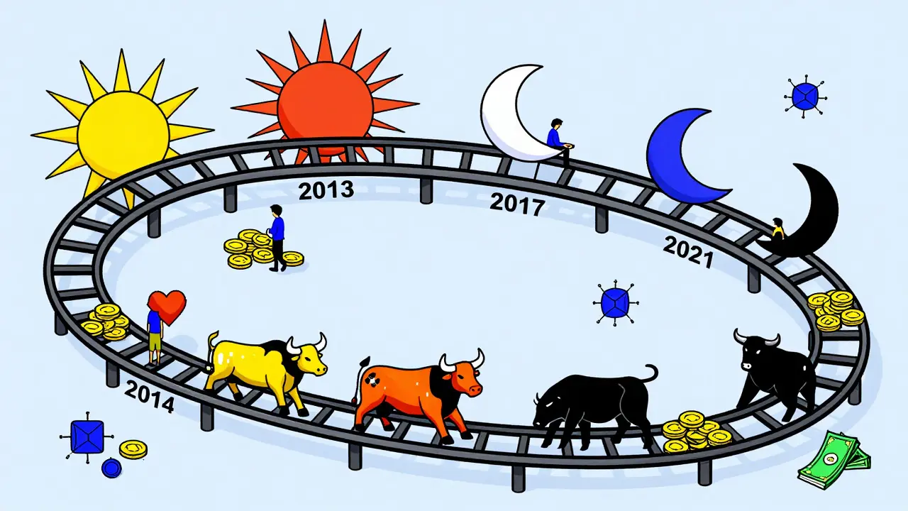 Une spirale de rollercoaster montrant les cycles haussiers et baissiers des cryptos entre 2013 et 2024.