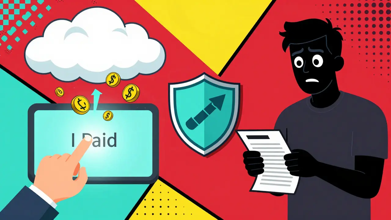 Une transaction P2P en cours : un paiement confirmé contre un reçu falsifié, un bouclier escrow entre les deux parties.