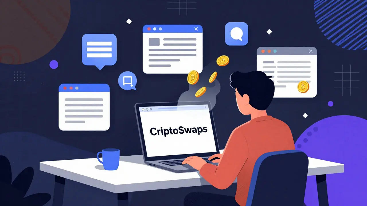 Utilisateur face à un écran vide de CriptoSwaps, entouré de signaux d&#039;alerte et de pièces en poussière.