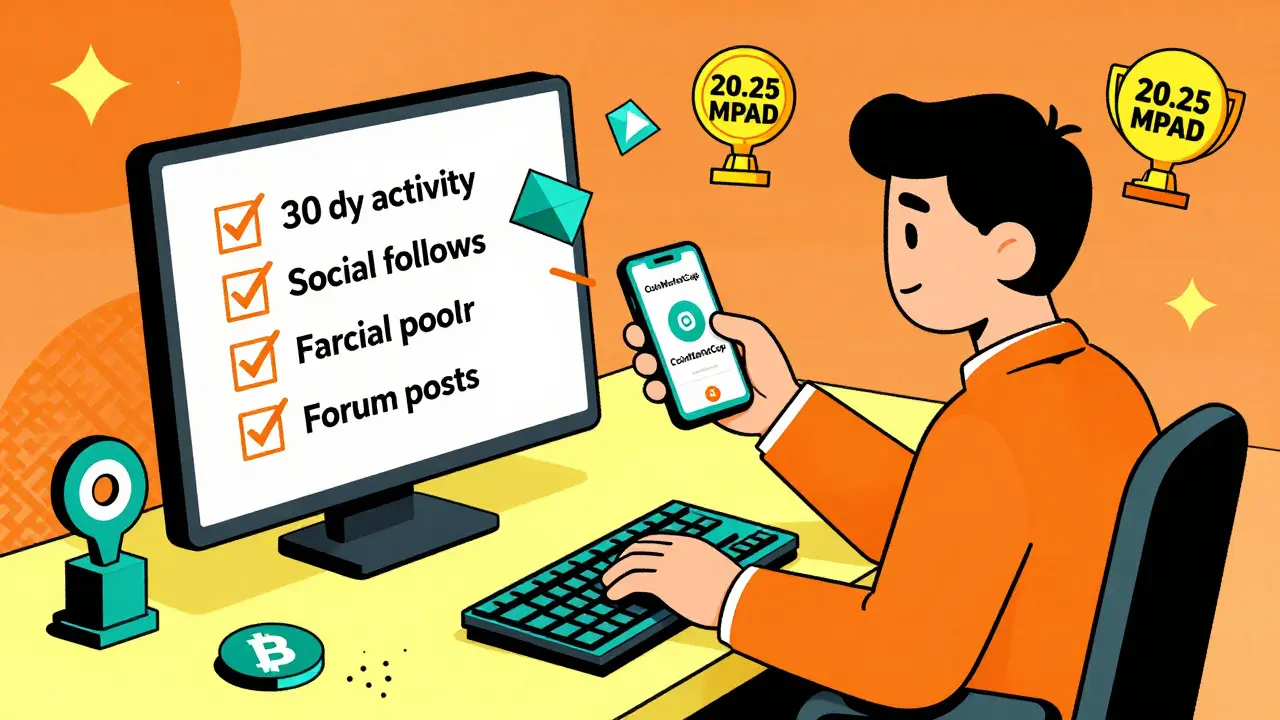 Utilisateur interactif avec CoinMarketCap et une liste d'éligibilité en forme de formes colorées.