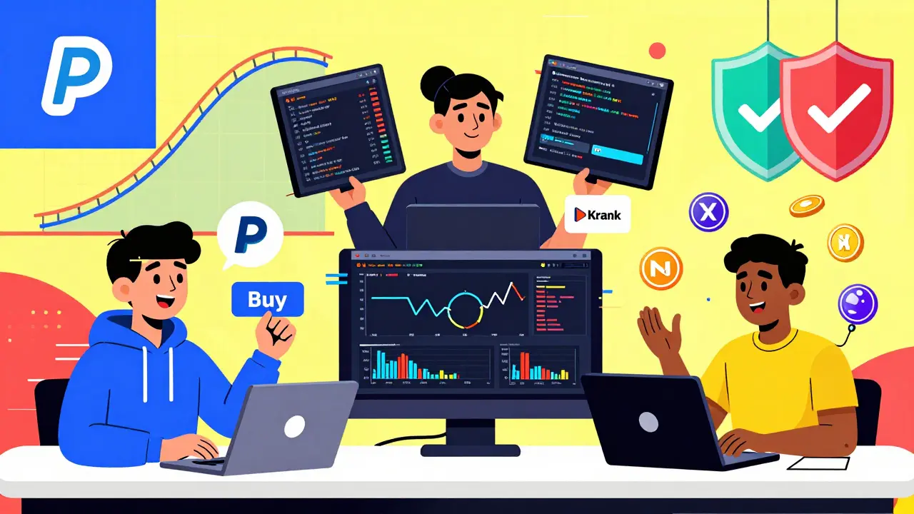 Utilisateurs variés échangeant des crypto-monnaies sur des plateformes stylisées en design Memphis, avec graphiques flottants et boucliers de sécurité.