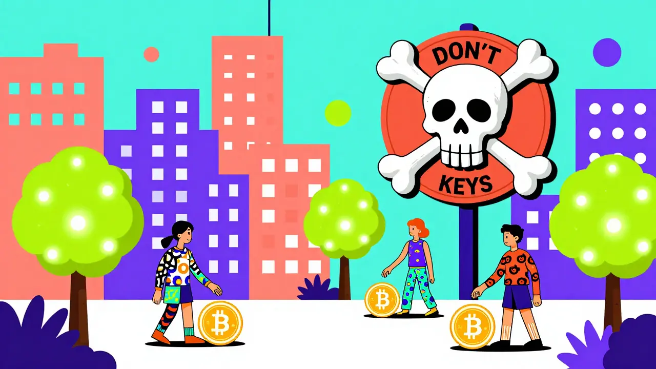 Ville futuriste en forme de blockchain où des habitants récoltent des jetons EPCOIN, entourés de警示 symboliques.