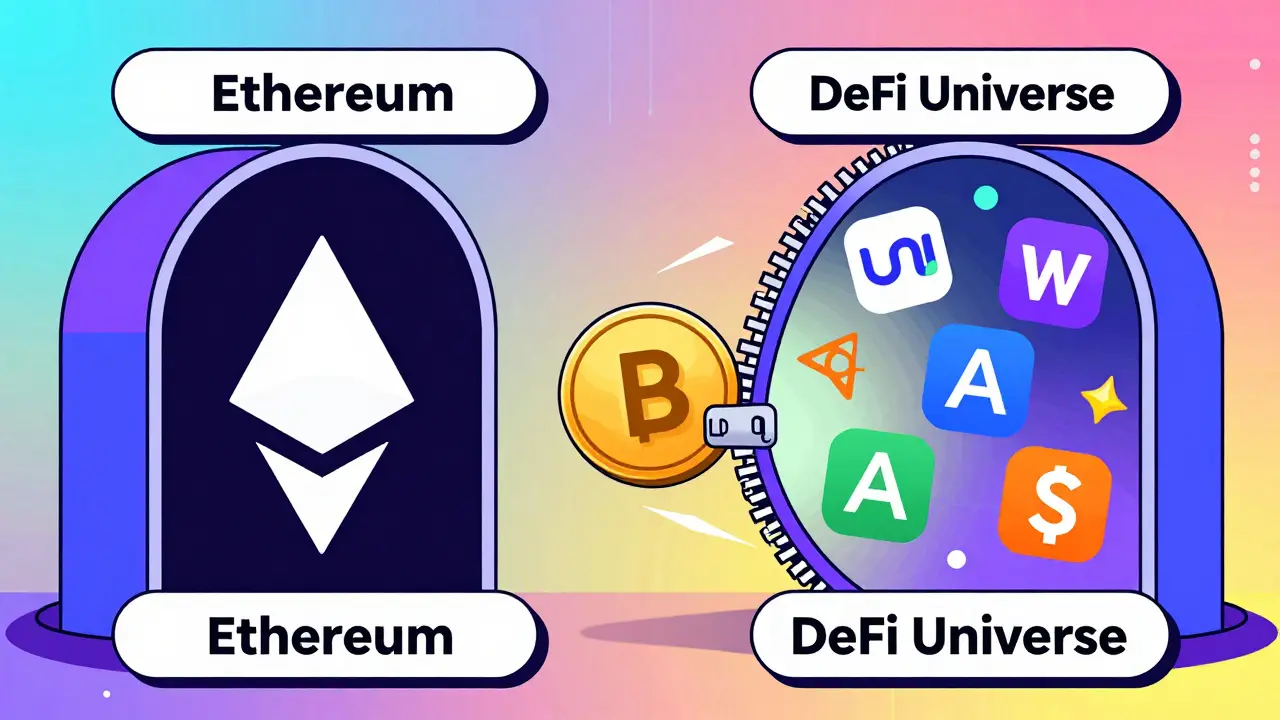 wETH reliant Ethereum à l&#039;univers DeFi via un tunnel en forme de fermeture éclair.