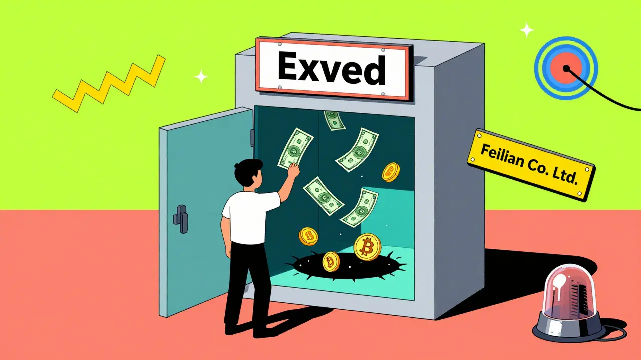 A man dropping money into a trapdoor labeled Exved, vanishing into a black hole.