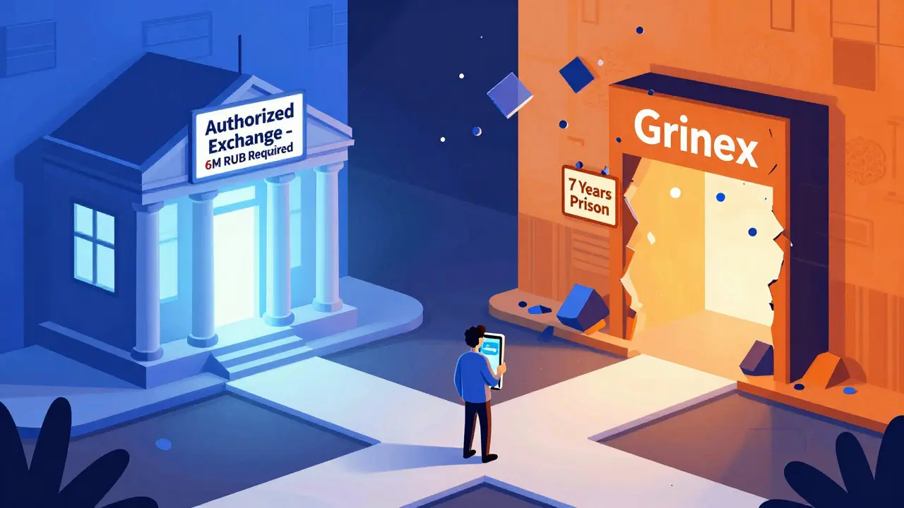 A person choosing between a legal bank and a crumbling crypto portal labeled Grinex.