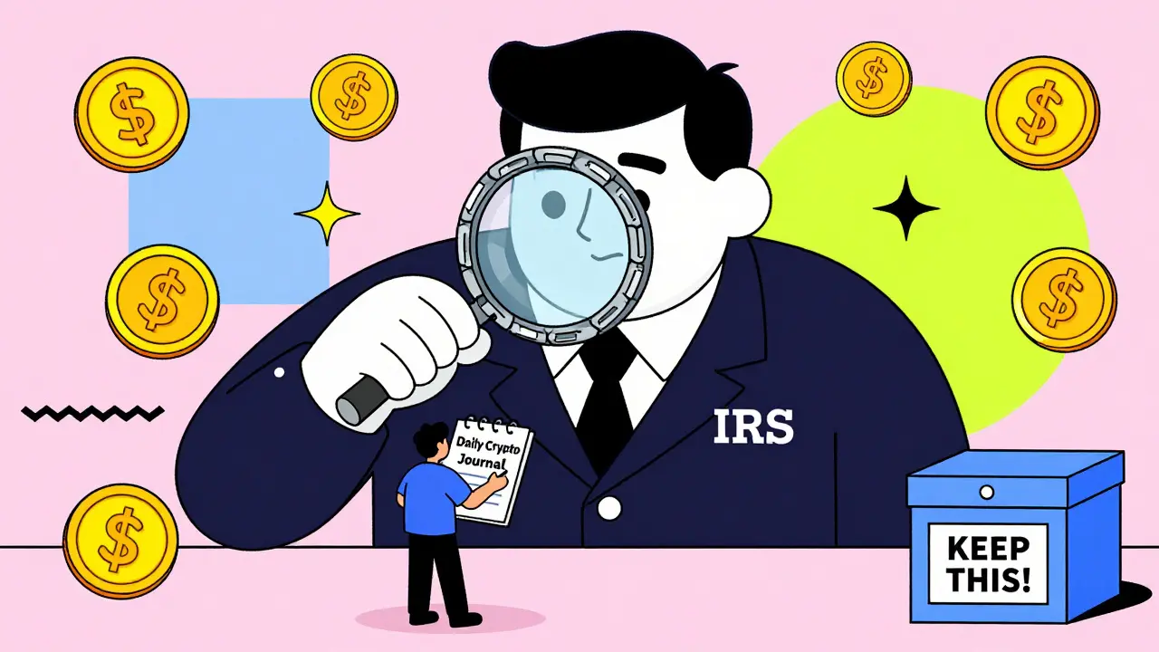 Auditeur IRS inspectant un journal quotidien de transactions cryptos avec récompenses flottantes.