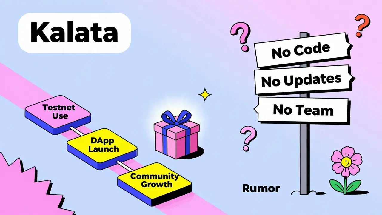 Carte routière comparant un projet crypto réel à Kalata, avec des signes de défaillance en style Memphis.