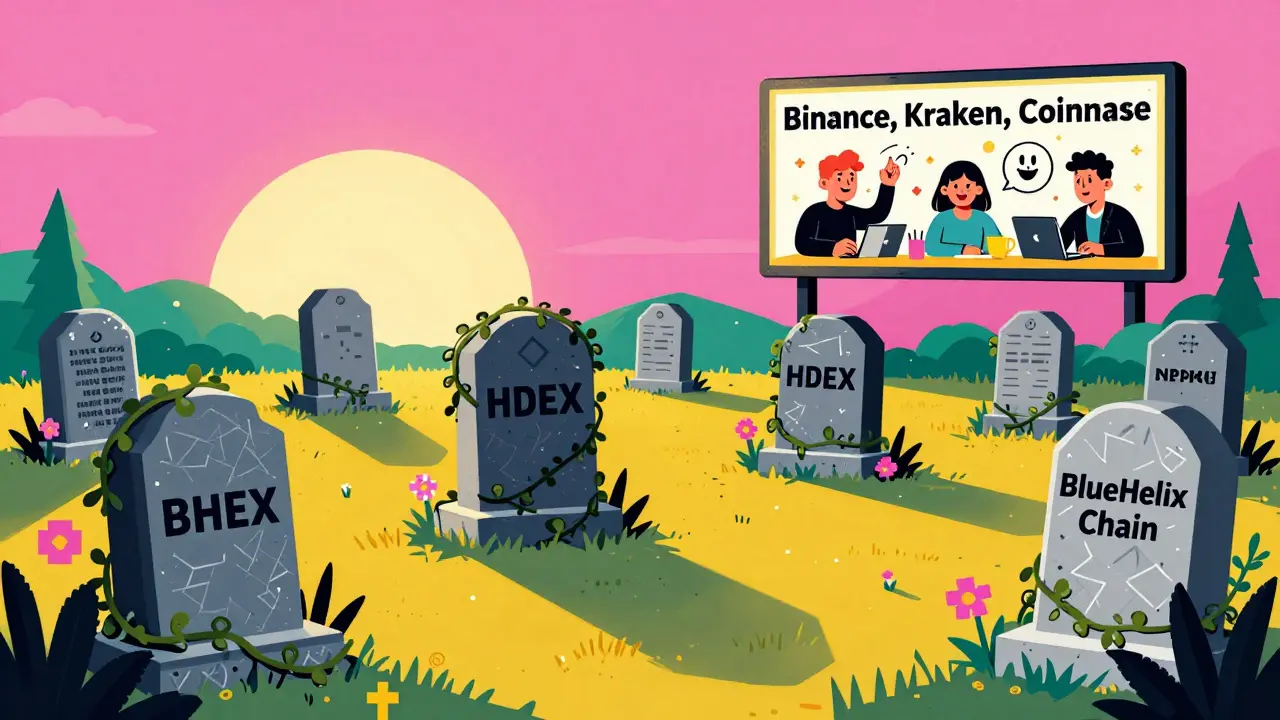 Cimetière des échanges crypto morts avec BHEX en pierre tombale, loin des échanges vivants en style Memphis.