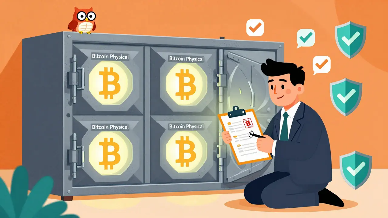 Coffre-fort géométrique contenant du Bitcoin physique, un auditeur vérifie les réserves sous un regard attentif.