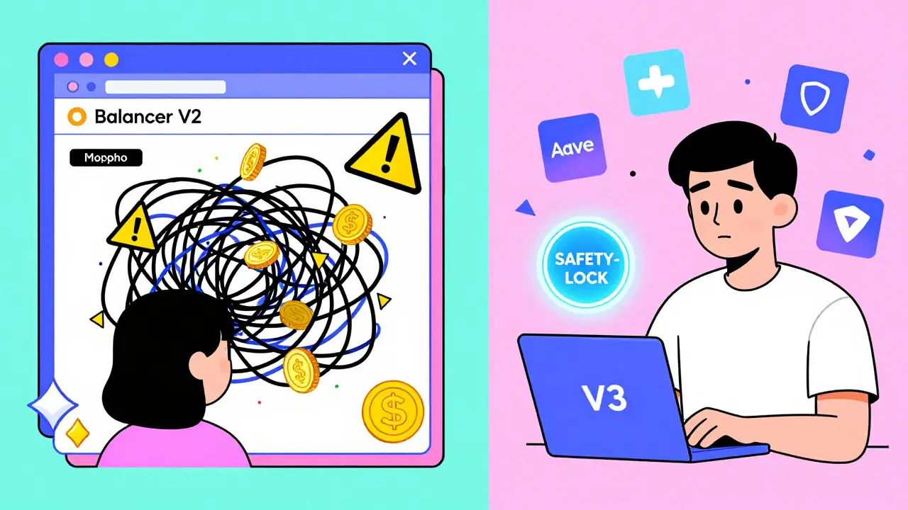Comparaison entre un débutant perdu et un expert utilisant Balancer V3 en style Memphis.