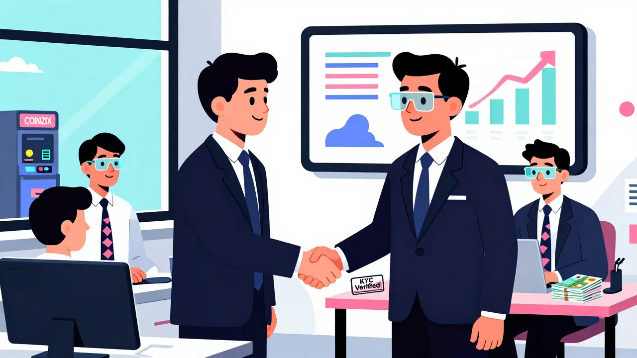 Des responsables réglementaires et une équipe COINZIX signent un accord dans un bureau stylisé.