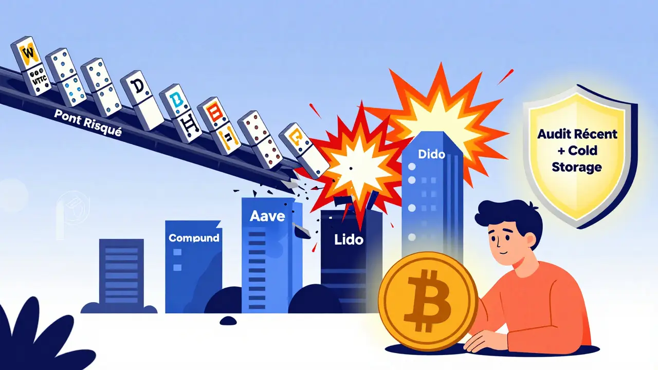 Effet domino de jetons emballés qui s'effondrent sur des protocoles DeFi, avec un utilisateur en sécurité qui échange pour du BTC natif.