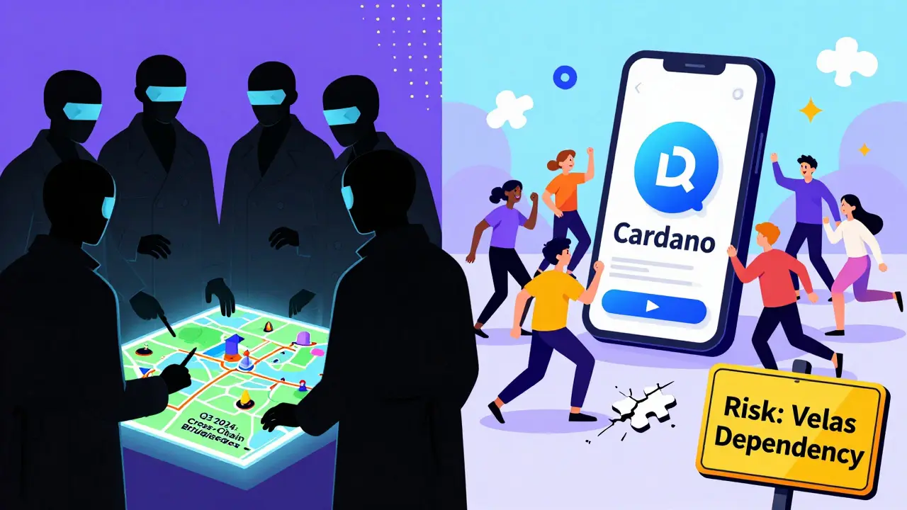 Équipe anonyme et route map AstroSwap côté, utilisateurs enthousiastes côté, avec avertissement technologique.