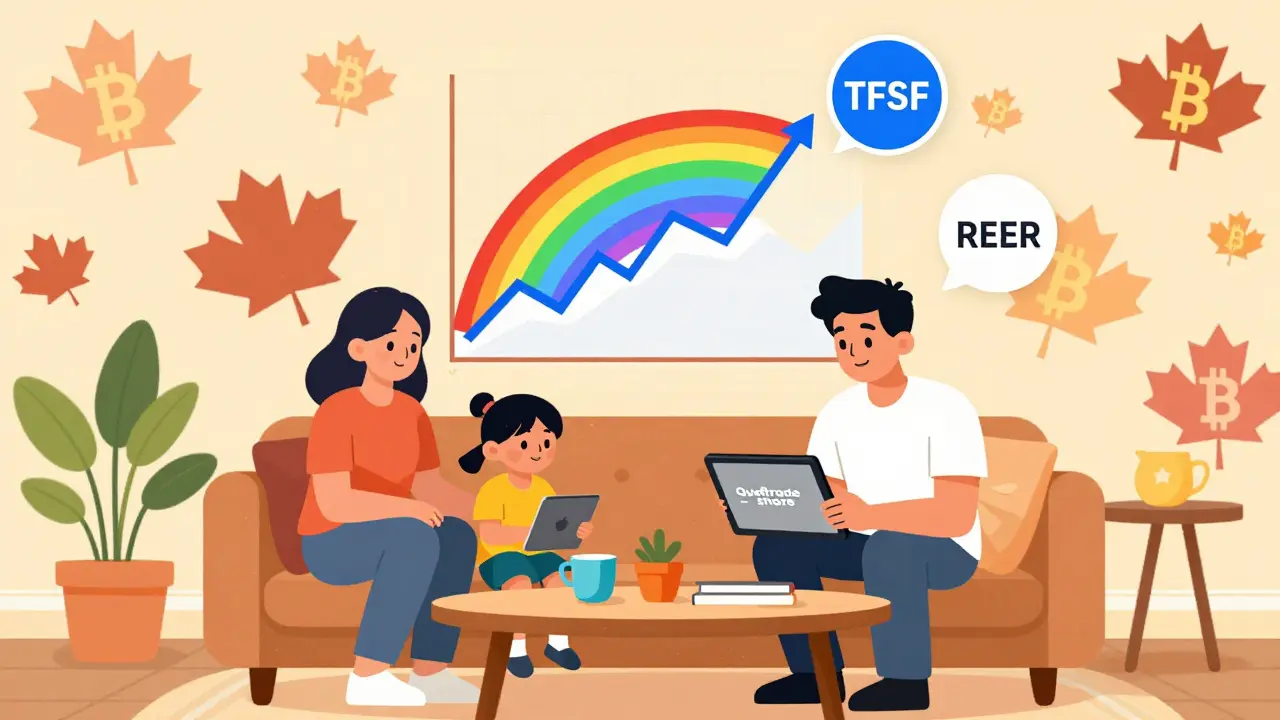 Famille canadienne achetant une part d'ETF Bitcoin sur une tablette, avec des icônes TFSA et REER flottantes.
