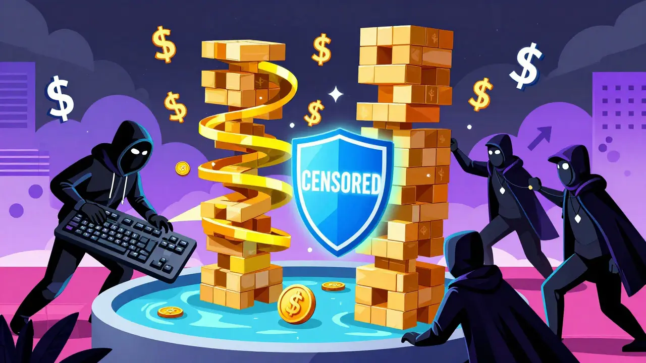 Hacker attaquant un pool stable bloqué par des validateurs avec un bouclier lumineux.