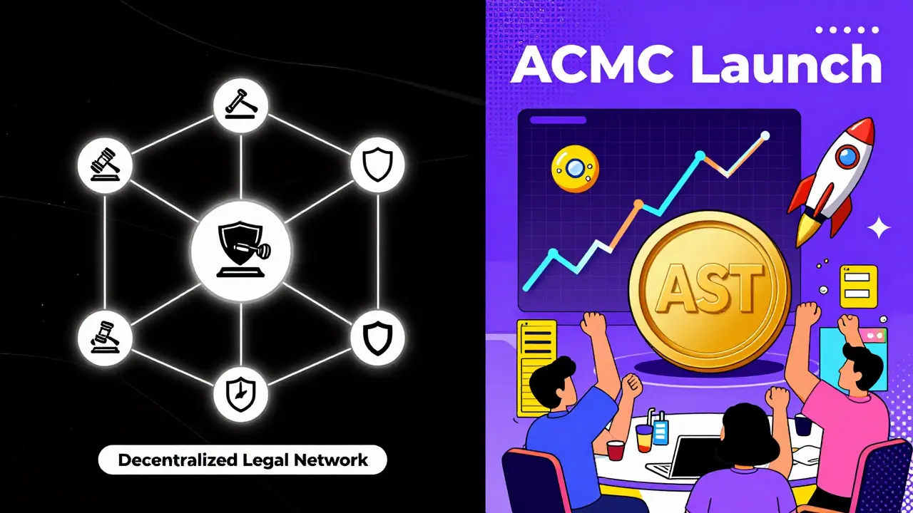 Illustration stylisée Memphis : comparaison entre un réseau juridique décentralisé et un marché de trading chaotique.