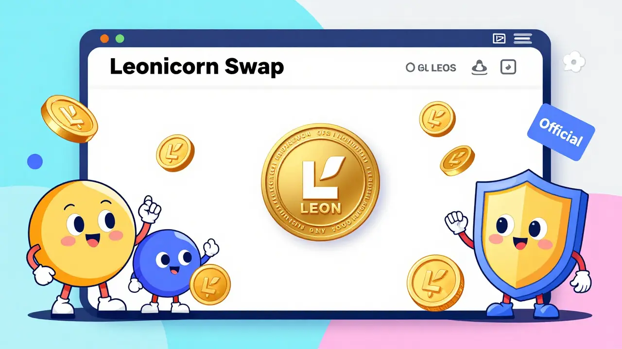 L'interface officielle de Leonicorn Swap avec le jeton LEON, protégée des publicités frauduleuses, en style Memphis.