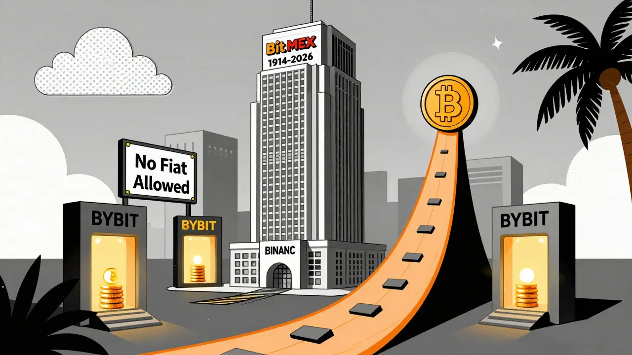 Le bâtiment BitMEX en forme de gratte-ciel avec interdiction de fiat, entouré d'autres exchanges.