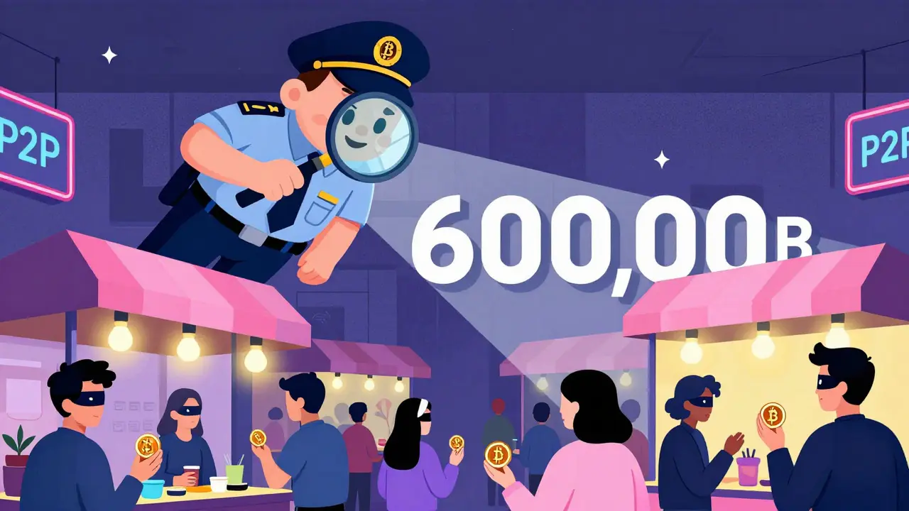 Marché P2P clandestin sous l'œil surveillant d'un inspecteur des impôts géant.