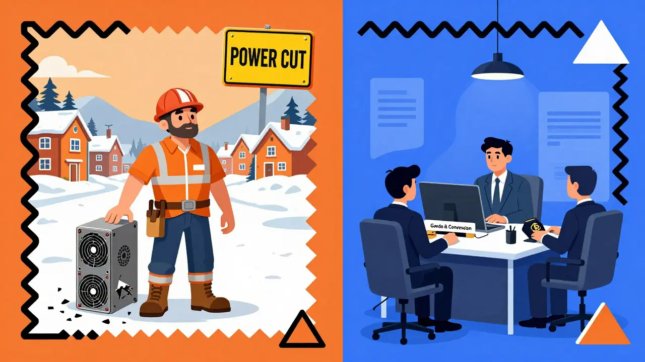 Mineur en Sibérie face à une coupure d'électricité contre des banquiers gérant des portefeuilles crypto.