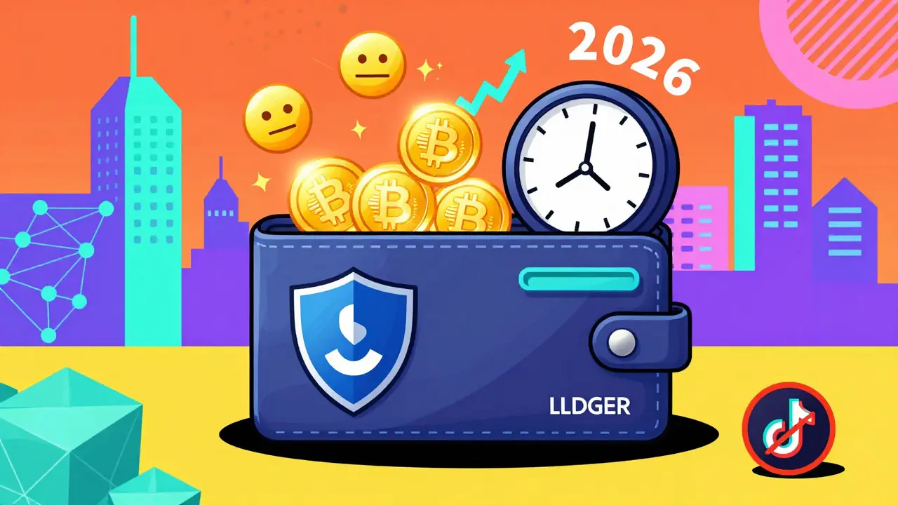 Portefeuille sécurisé avec cinq tokens lumineux, horloge vers 2026, influenceurs TikTok barrés, style Memphis vif et coloré.